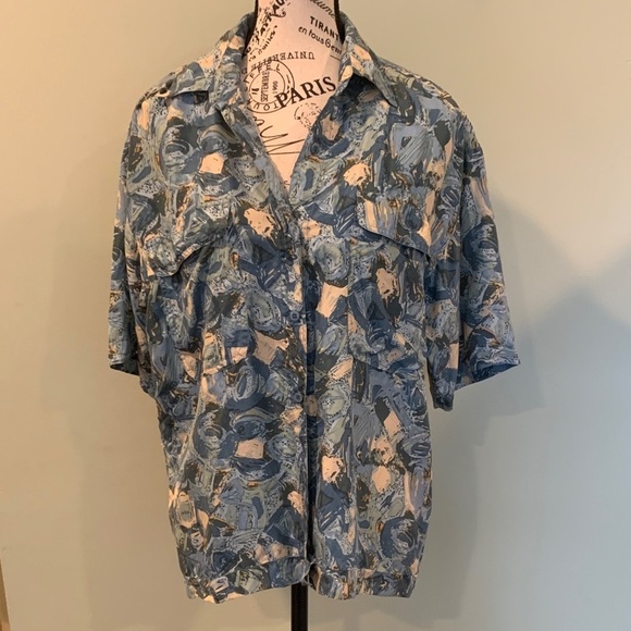 Vintage 80s Stunt Blue Patterned Boxy Silk Button-Up Shirt Blouse Women’s Medium - Picture 1 of 6